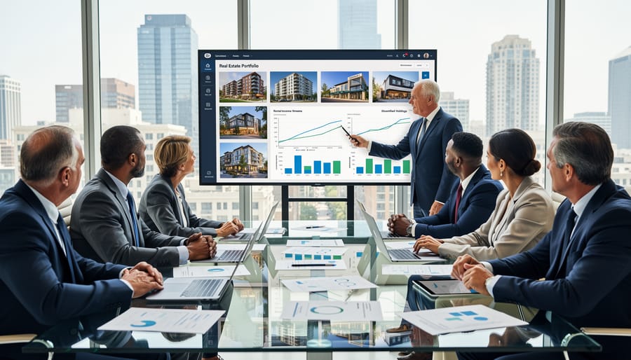Professional real estate investor reviewing retirement planning documents at desk