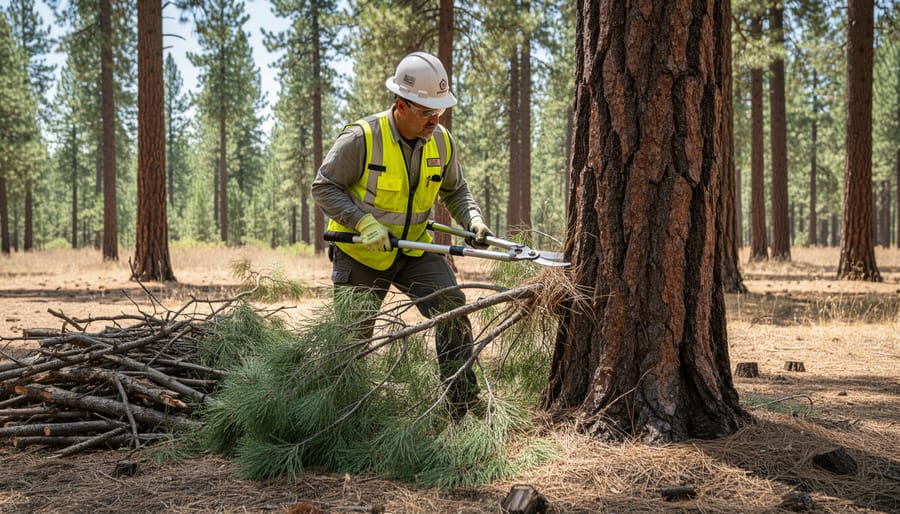 Close-up of hands using pruning shears to trim low branches from conifer tree