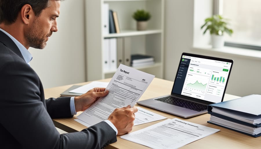 Business professional reviewing financial documents and tax paperwork at desk