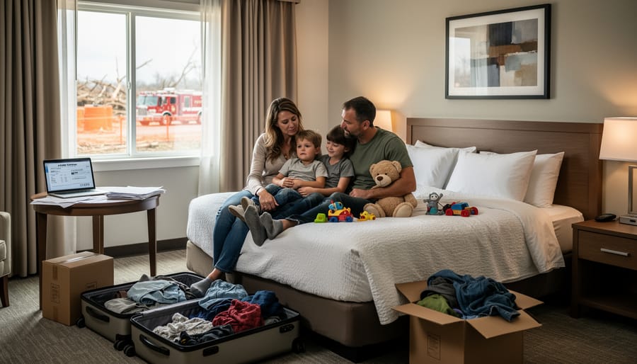 Family with luggage standing outside hotel entrance representing temporary housing displacement