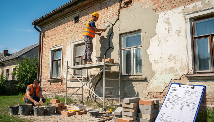 Deteriorating wood siding showing paint peeling, cracks and water damage on house exterior