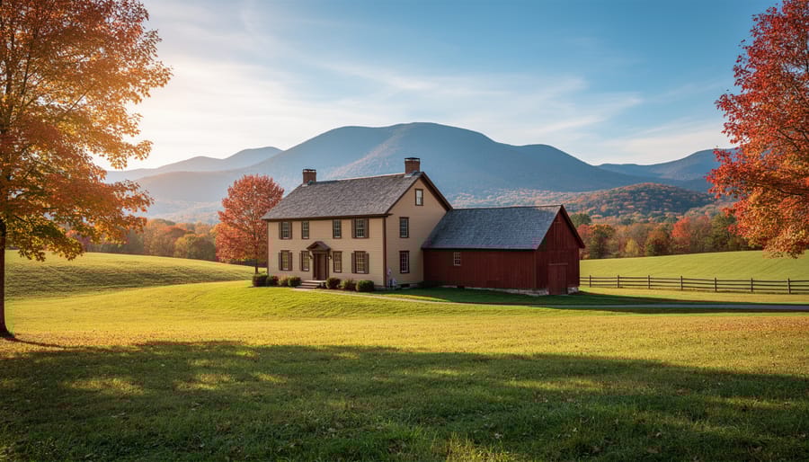 Eye-level wide shot of a traditional white Vermont farmhouse with attached red barn on a rolling meadow at golden hour, with maple trees and the Green Mountains in the background, no visible signage.