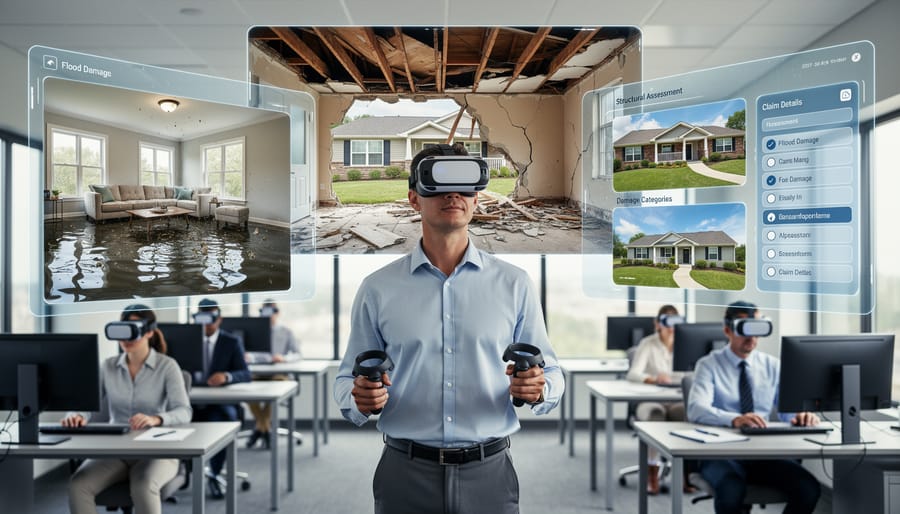 Insurance professional using VR training technology with damaged property visible in background