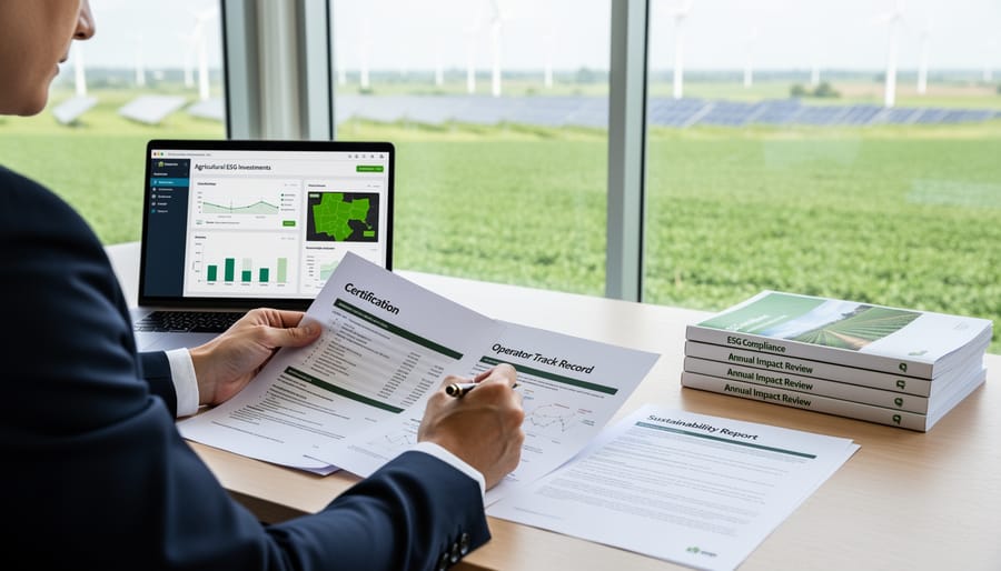 Business professionals conducting due diligence review with farmland visible through office windows