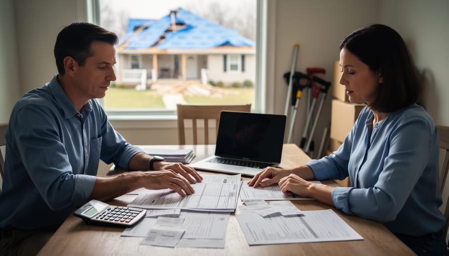 Homeowner and insurance adjuster reviewing living-expense documents with a calculator and laptop at a dining table, damaged house with tarped roof visible through the window, soft natural side lighting, shallow depth of field.