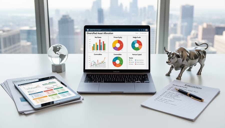 Professional desk setup with financial documents and blueprints representing investment planning