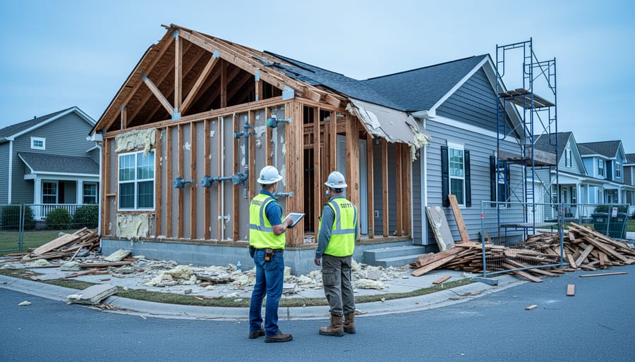 Building inspector and contractor in hard hats examine a storm-damaged suburban house with exposed framing, hurricane straps, and sprinkler piping, under bright overcast light; neighboring homes and scaffolding visible in the background.