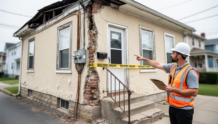 Residential property showing visible building code violations including foundation cracks and deteriorated roofing