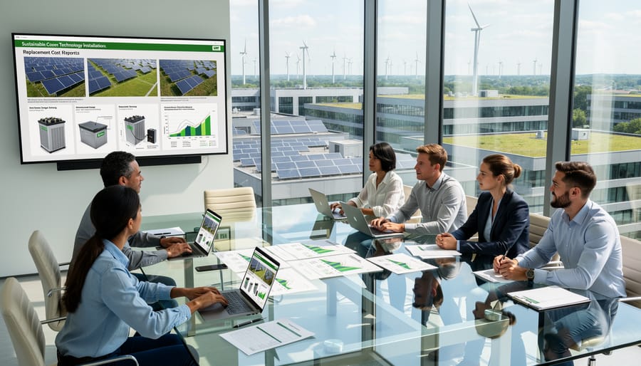 Professional reviewing solar panel installation details on digital tablet