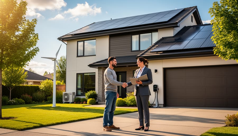 Homeowner shaking hands with an insurance agent in front of a modern house with rooftop solar panels, a small backyard wind turbine, and a heat pump unit at golden hour.