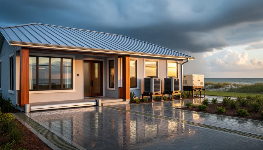 Modern coastal house with metal roof, impact-resistant windows, a deployed flood barrier at the front entry, permeable paver driveway, and elevated HVAC and standby generator, photographed after rain with breaking storm clouds in the distance.