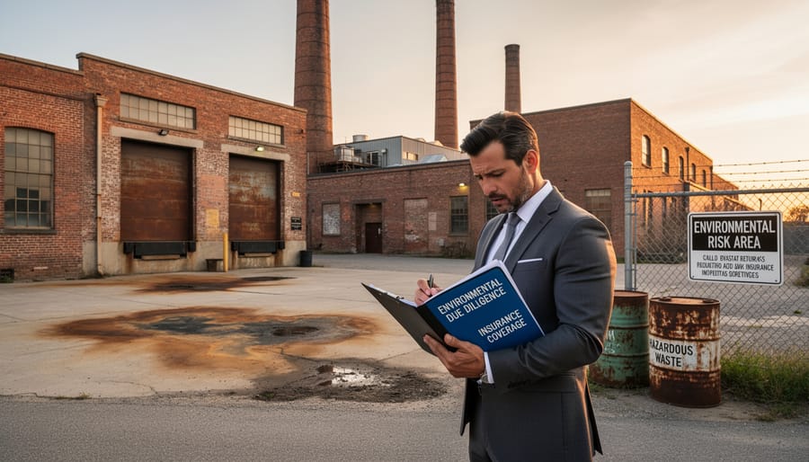 Abandoned industrial property showing signs of potential environmental contamination with rusty barrel and deteriorated structures