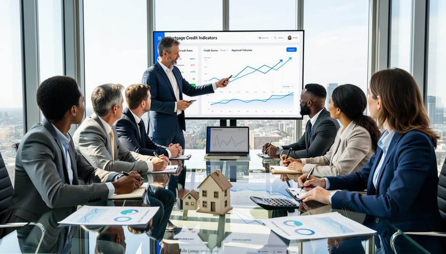 Financial professional analyzing credit reports and mortgage qualification documents