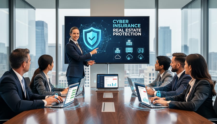 Business professional reviewing cyber insurance policy documents and coverage details