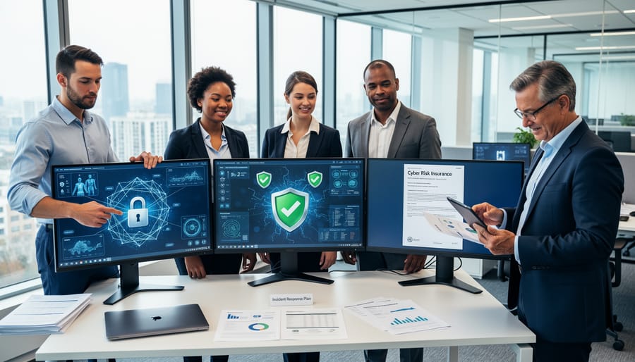 Business team collaborating on cybersecurity strategy and incident response planning