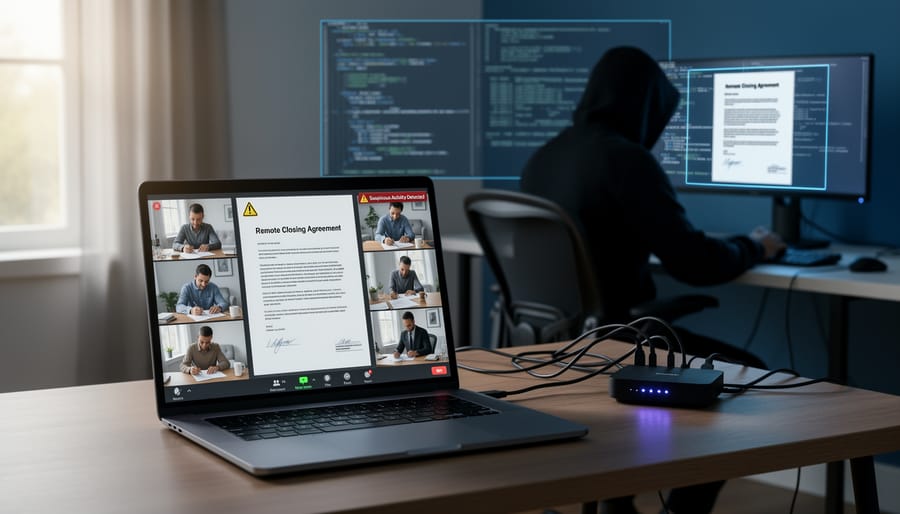 Home office setup showing laptop video call with real estate closing documents and house keys