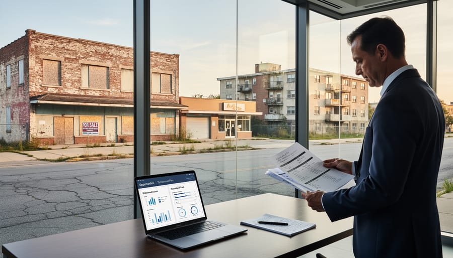 Foreclosure sign in front of neglected commercial property with overgrown landscaping