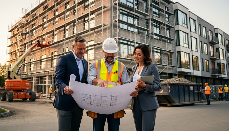 Two investors and a construction manager study blueprints at golden hour in front of a mid-rise apartment building under renovation with scaffolding, workers, lift equipment, and a debris dumpster.