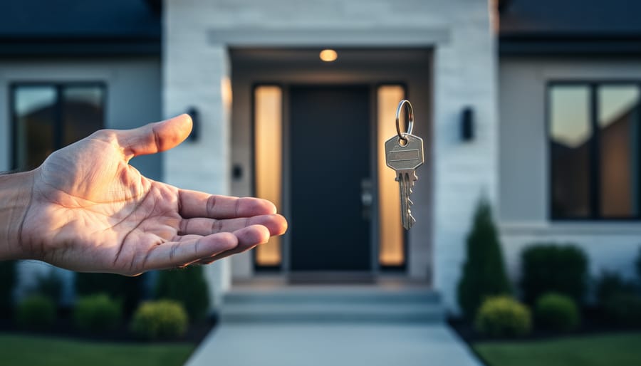 Outstretched hand attempts to grab a swinging house key in front of a blurred upscale home at golden hour, suggesting a dream home slipping away due to tightening mortgage credit.