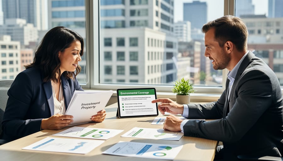 Professional handshake between property investor and environmental insurance broker in modern office setting