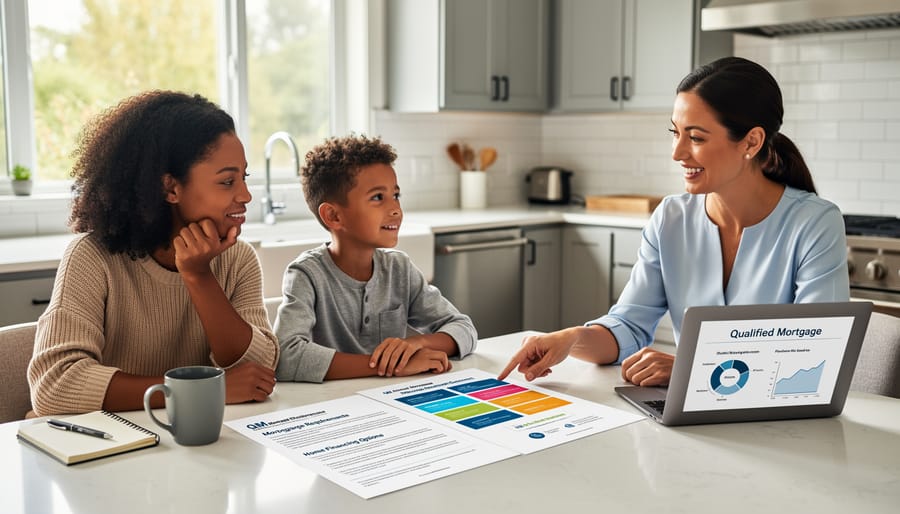 Family reviewing mortgage documents and loan information at kitchen table