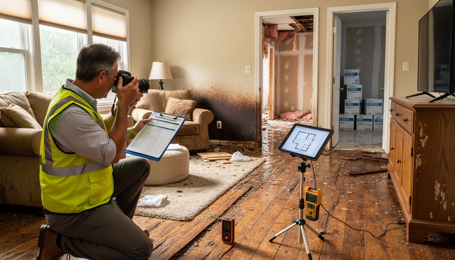 Restoration professional documenting flood damage for insurance claims