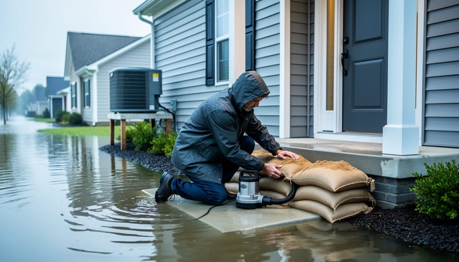 Homeowner in a rain jacket securing sandbags and checking a portable sump pump at a suburban home’s front door during flooding, with pooled street water and an elevated HVAC platform in the background under overcast light.