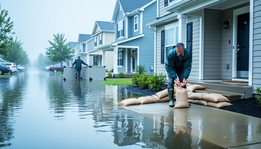 Homeowner in boots placing sandbags at a suburban home’s front step as shallow floodwater reaches the driveway, with a neighbor across the street installing flood barriers on an overcast day.