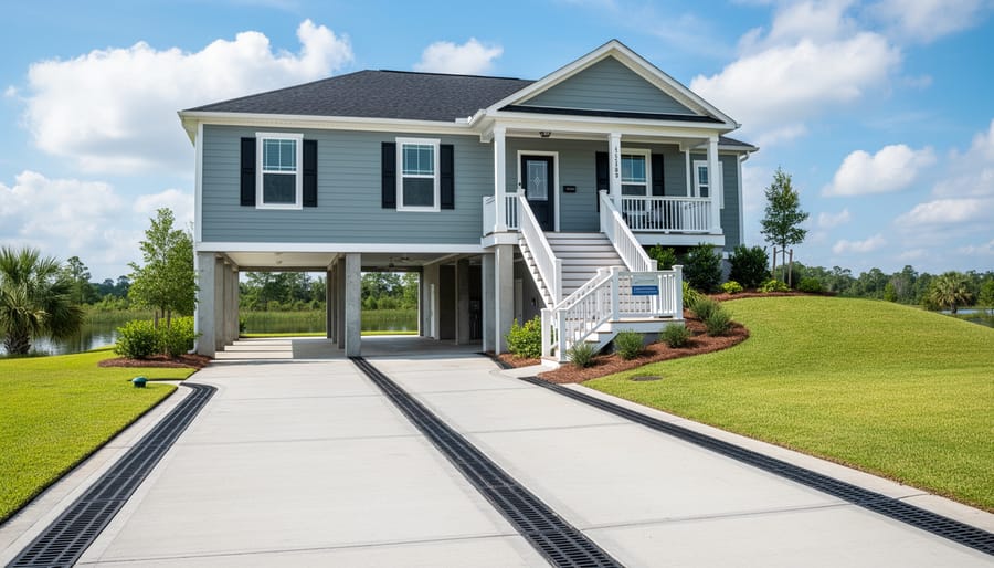 Modern home with elevated foundation and flood protection features