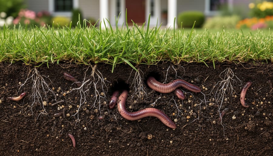 Close-up of nutrient-rich dark soil with earthworms held in farmer's hands