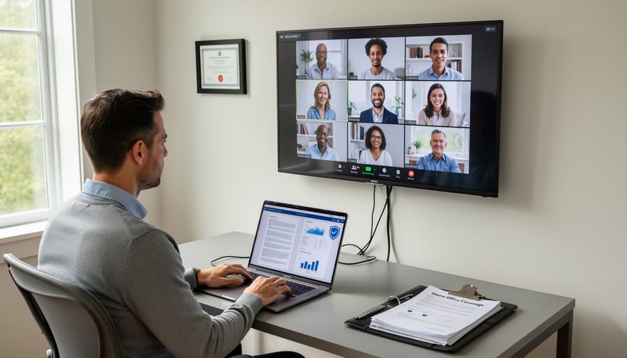 Home office setup with TV mounted above desk showing video conference call
