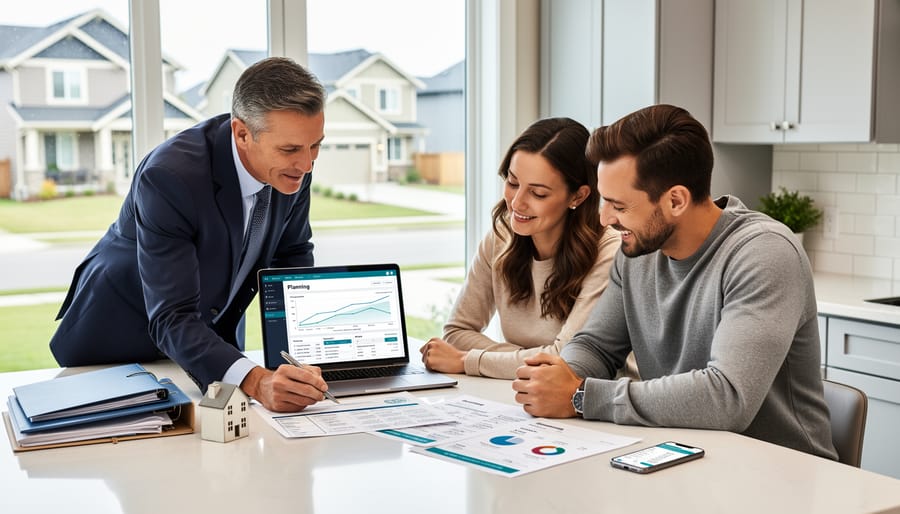 Couple reviewing financial documents and planning mortgage application at home