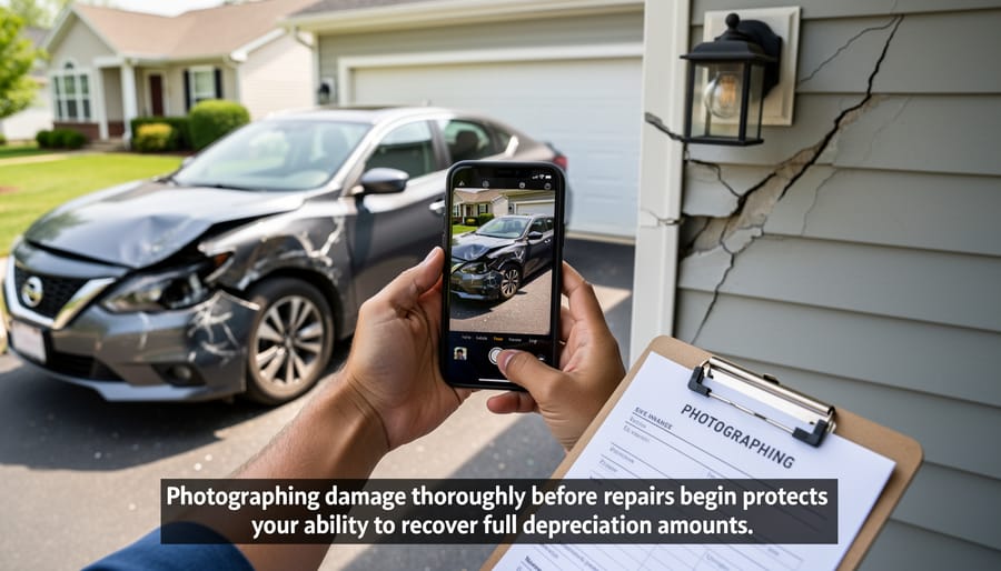 Homeowner documenting property damage with smartphone camera for insurance claim
