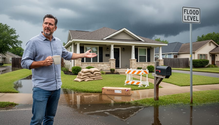 Homeowner looking out window at approaching storm and flooding in neighborhood