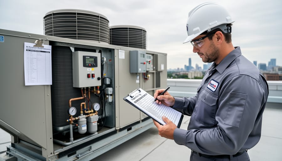 Maintenance technician inspecting HVAC system on residential rooftop
