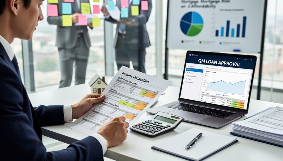 Financial documents and calculator showing income verification for mortgage qualification