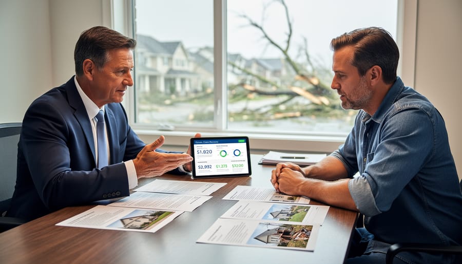 Homeowner meeting with insurance adjuster professional to review claim documentation