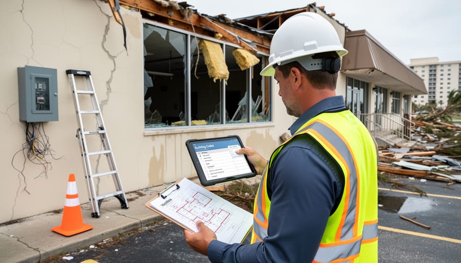 Insurance adjuster inspecting disaster-damaged building interior with clipboard and safety equipment