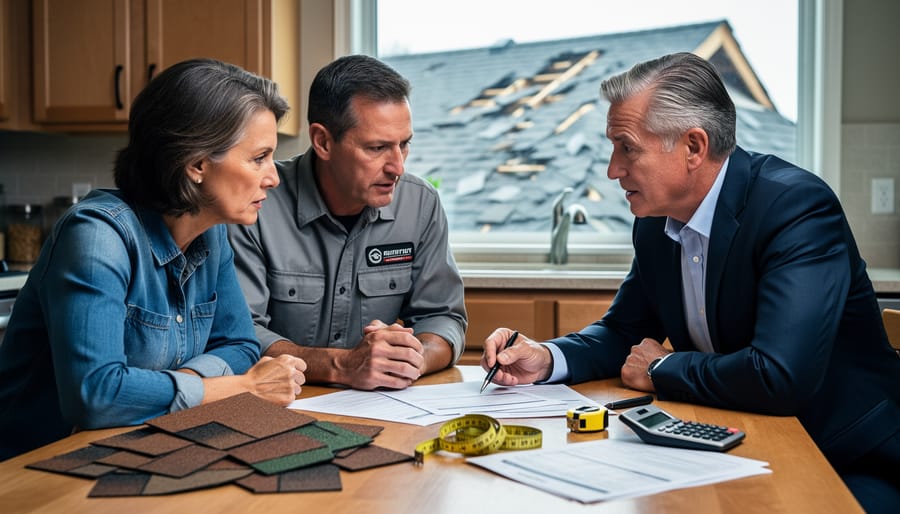 Homeowner, appraiser, and insurance adjuster meet at a kitchen table with roofing materials and a calculator, reviewing repair estimates, with a storm-damaged roof visible outside through the window in soft natural light.