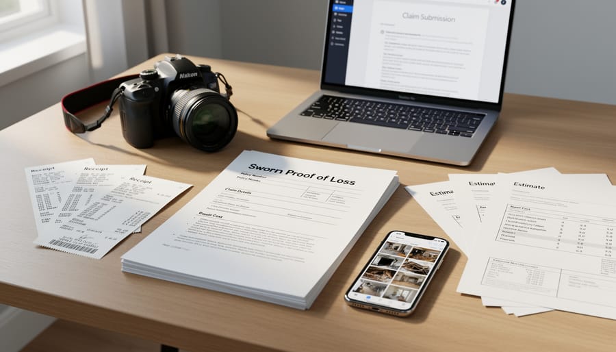 Overhead view of organized property damage documentation including photos and receipts on desk