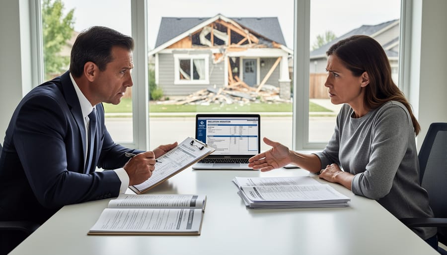 Homeowner and insurance adjuster examining roof damage from opposite perspectives