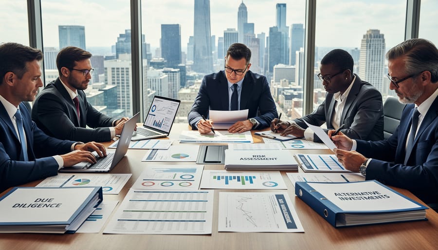 Business professional reviewing investment documents and performing due diligence at desk