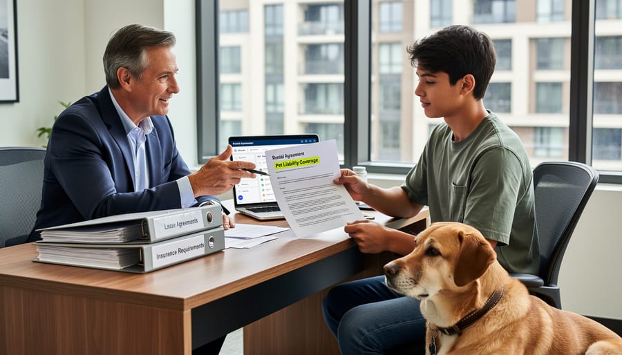 Landlord and renter discussing pet policy documents with small dog present in rental apartment