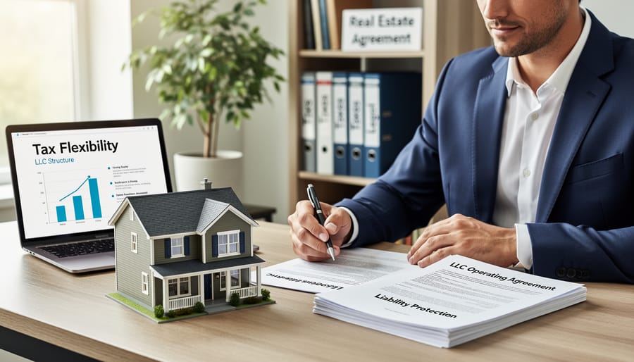 Real estate investor reviewing property documents at home office with house keys and property model