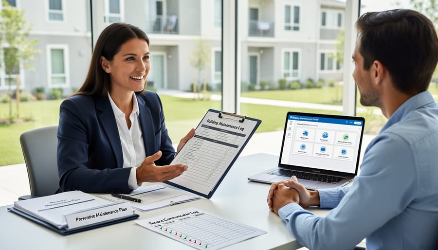 Property manager discussing maintenance documentation with tenant in apartment lobby