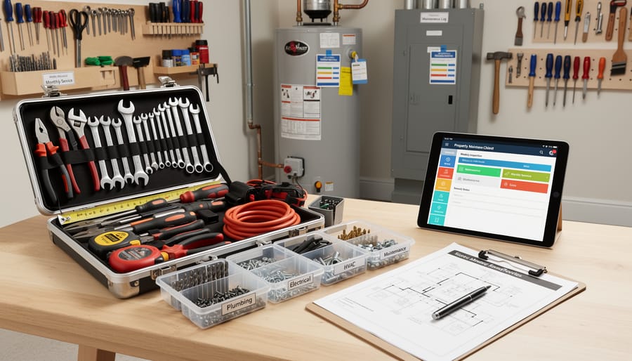 Organized maintenance tools and equipment laid out on workshop table