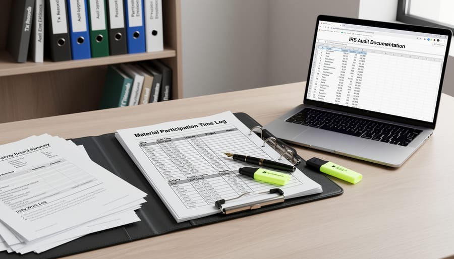 Person documenting rental property management hours in journal with timer