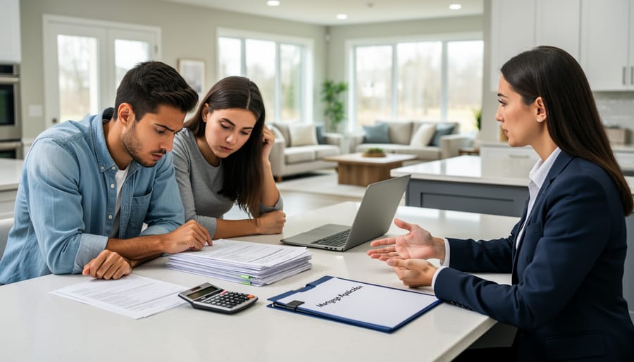 Young couple reviewing mortgage documents and financial paperwork at home