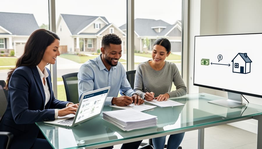 Business professionals shaking hands over mortgage documents and house keys