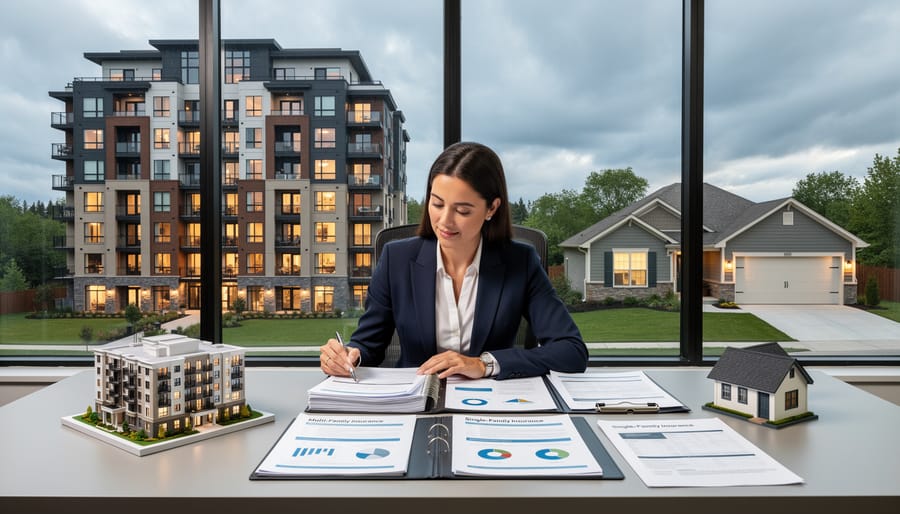 Modern multi-family apartment building exterior with multiple units and balconies